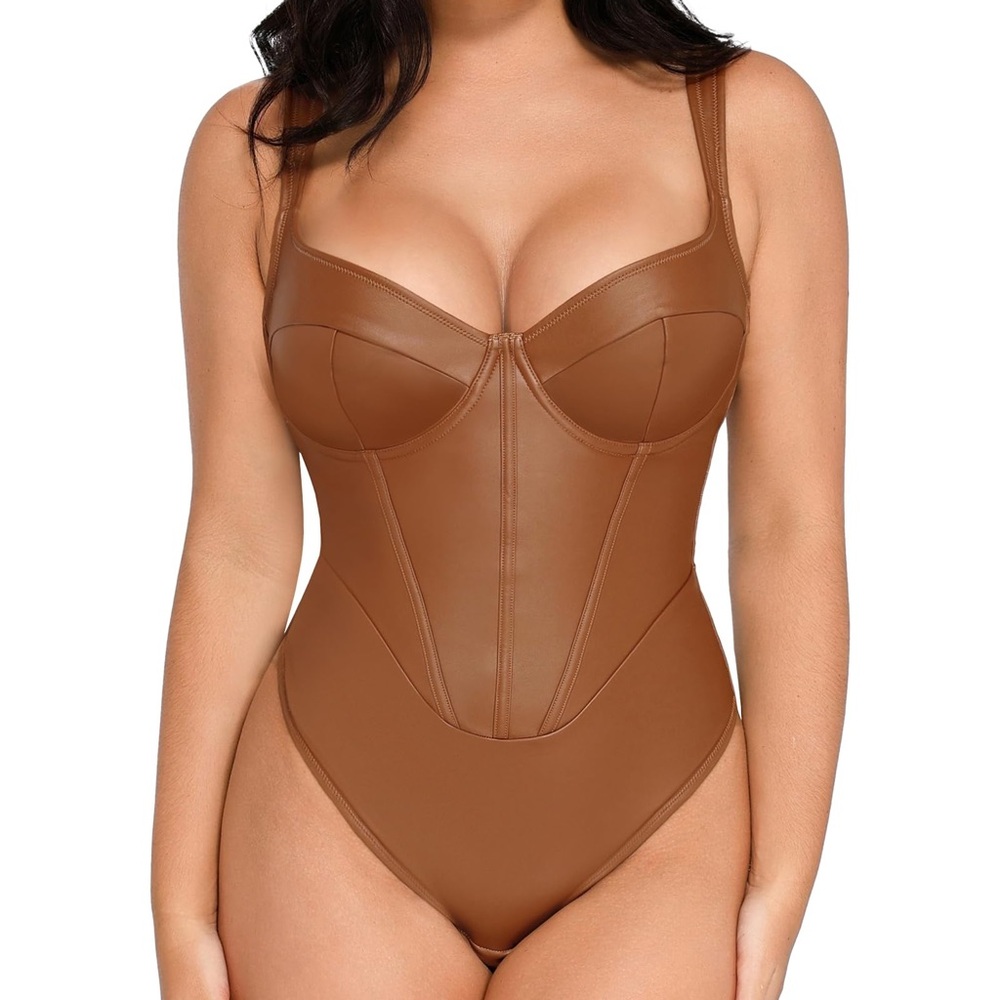 NWT Popilush Leather Corset Bodysuit V Neck Thong Shapewear Top 3XL